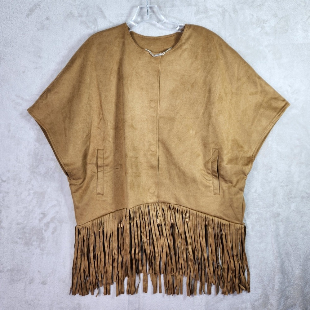 Dennis Basso Faux‎ Suede Shawl Womens XXS Cool Camel Fringe Western A615651